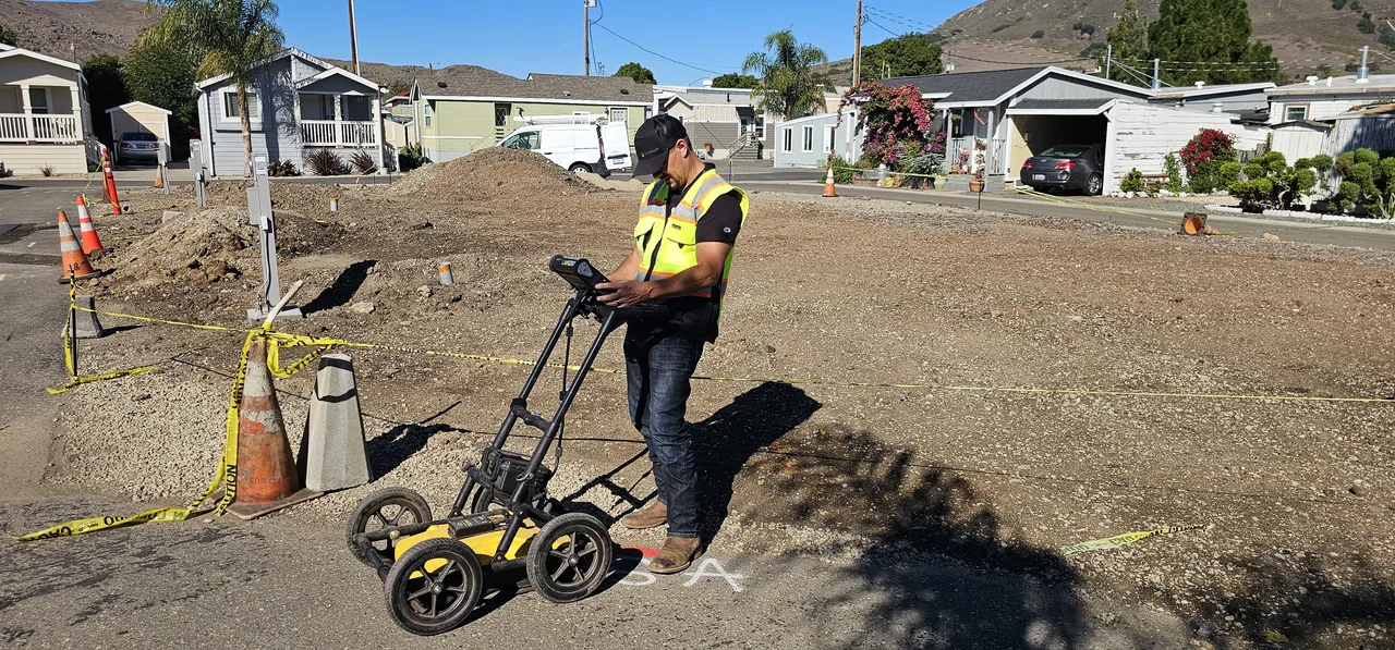 Coast Utility Locating technician running a ground-penetrating radar survey on a San Luis Obispo County job site