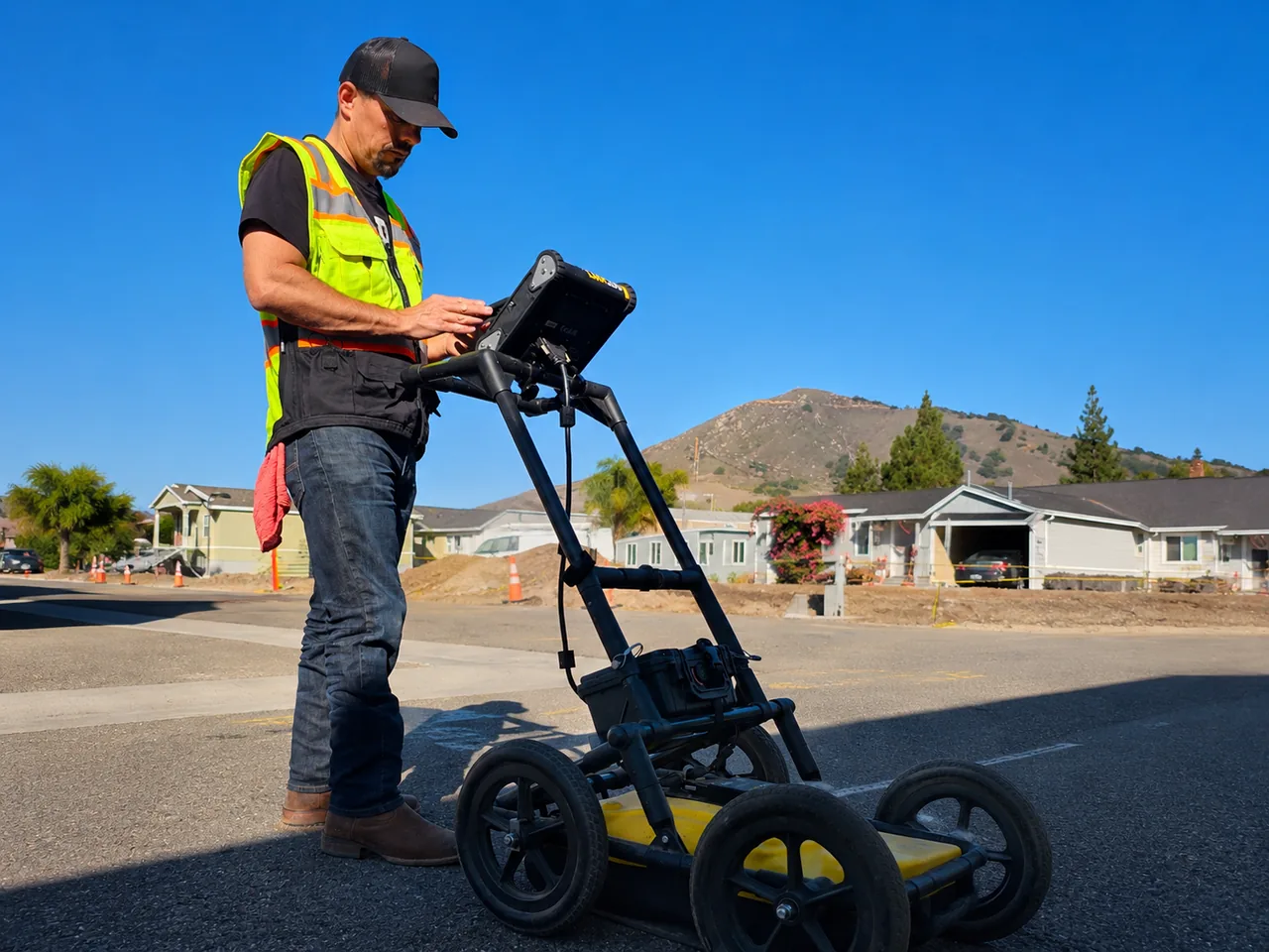 Coast Utility Locating GPR cart scanning a roadway in San Luis Obispo County, California